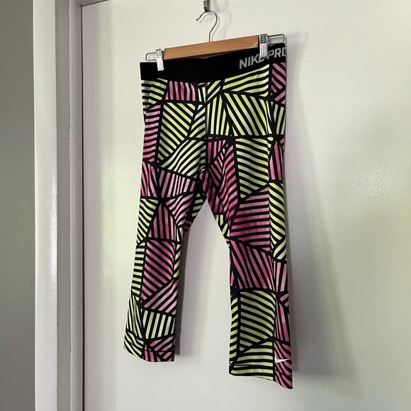 Nike PRO Multicolor Capri Leggings Women's Size Large Pink Green Activewear - Picture 2 of 3